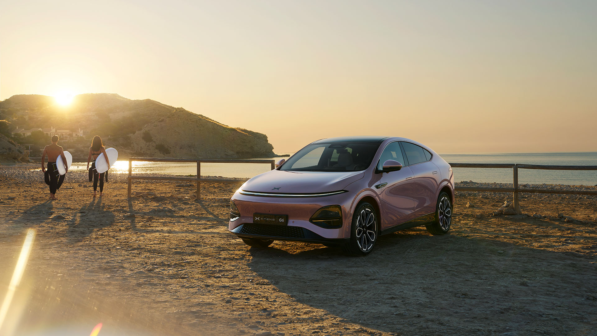 XPENG G6 parked on a beach in Europe